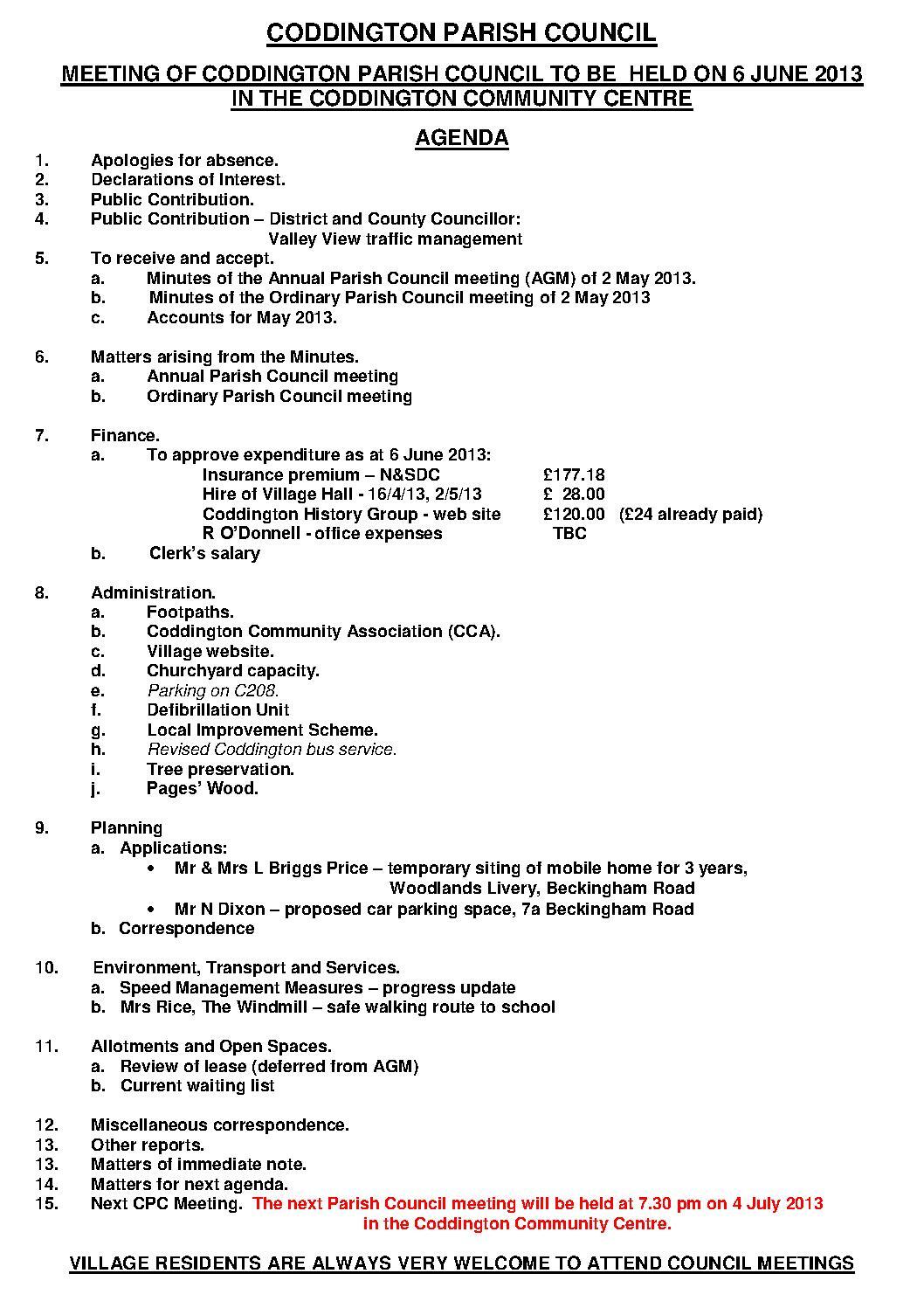 Parish Council Meeting 6 June 2013 Agenda