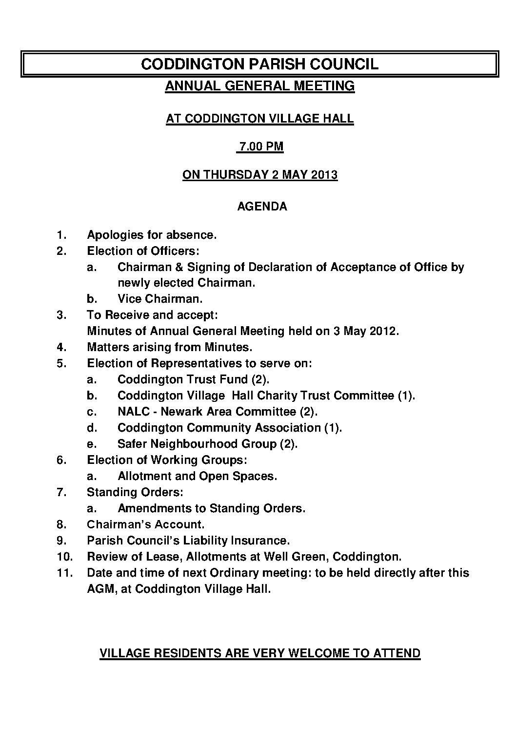 Annual General Meeting May 2013 Agenda