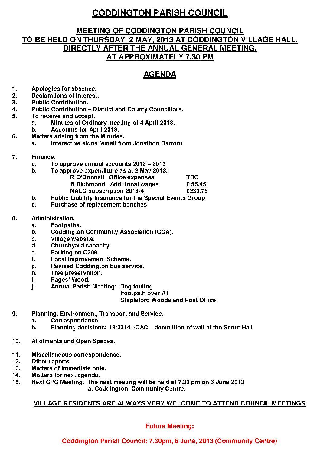 Parish Council Meeting 2 May 2013 Agenda