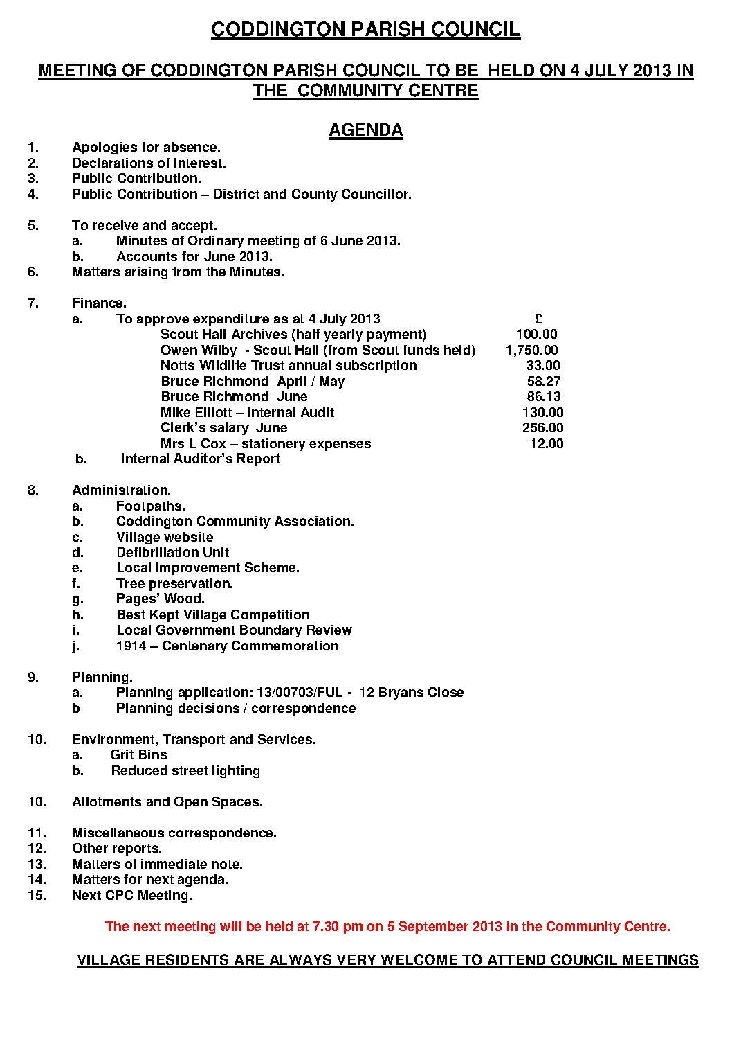 Parish Council Meeting 4 July 2013 Agenda