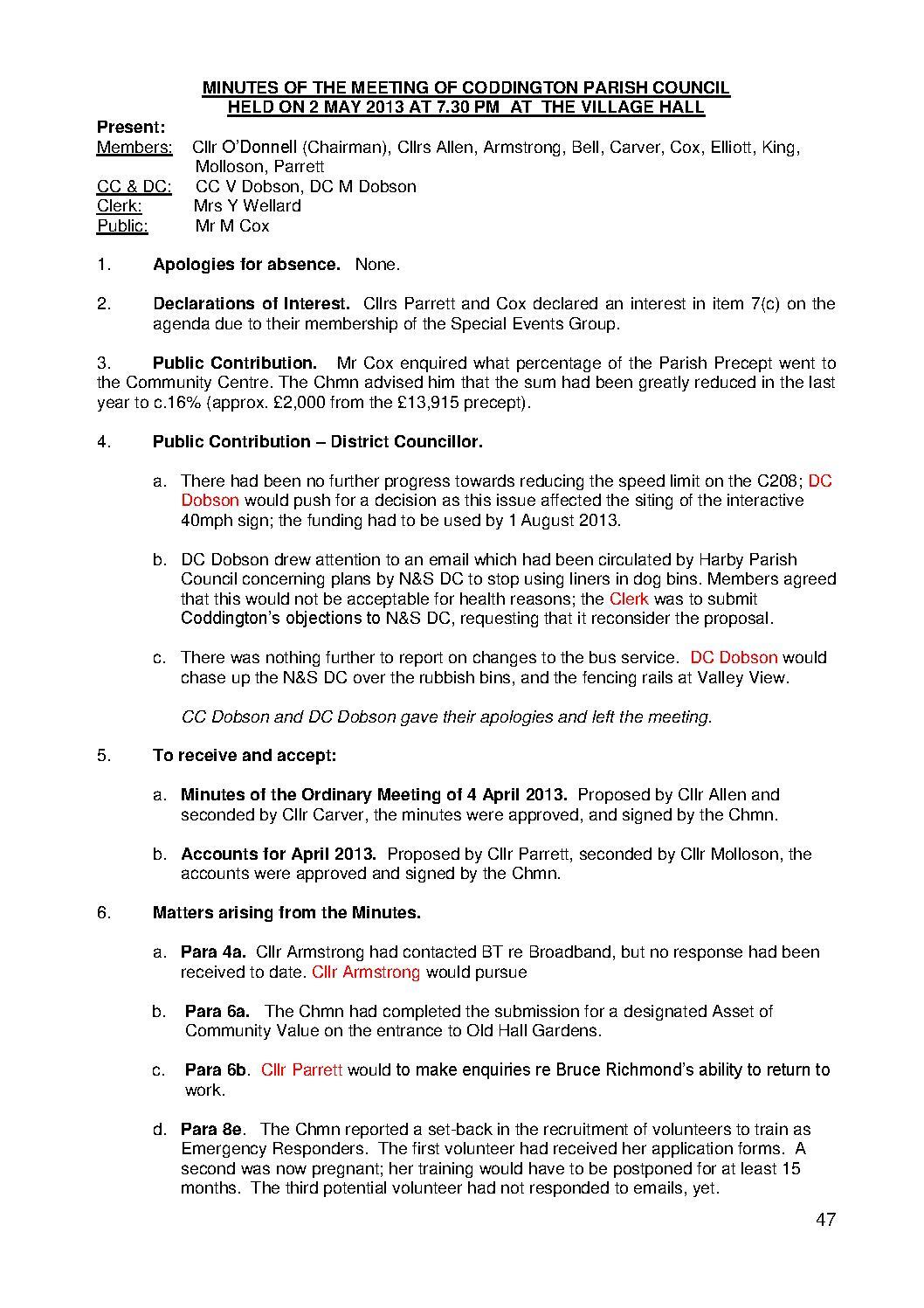 Parish Council Meeting 2 May 2013 Minutes