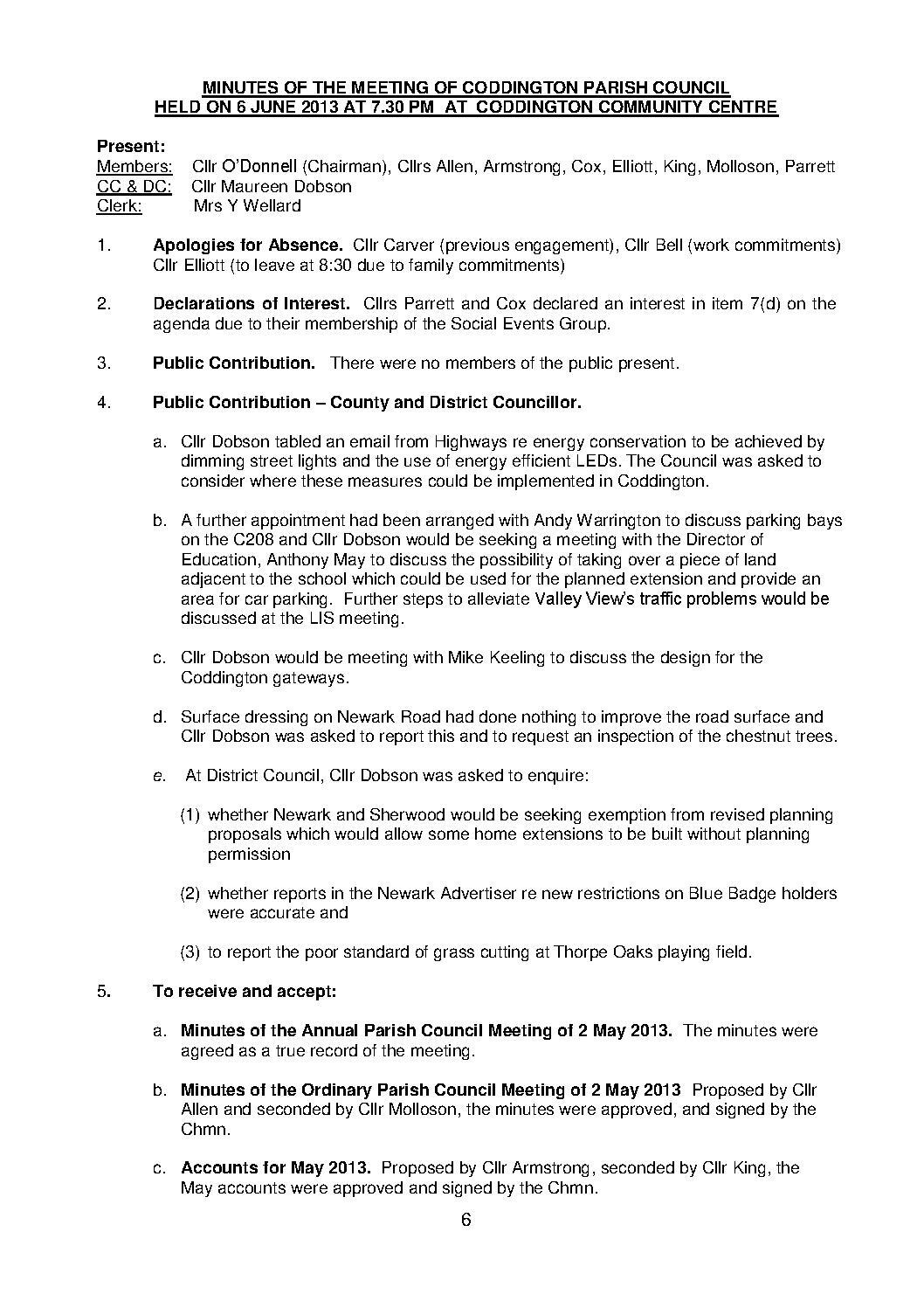 Parish Council Meeting 6 June 2013 Minutes