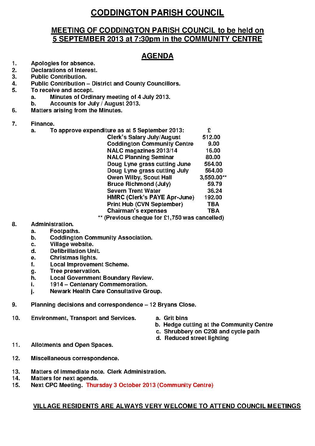 Parish Council Meeting 5 September 2013 Agenda