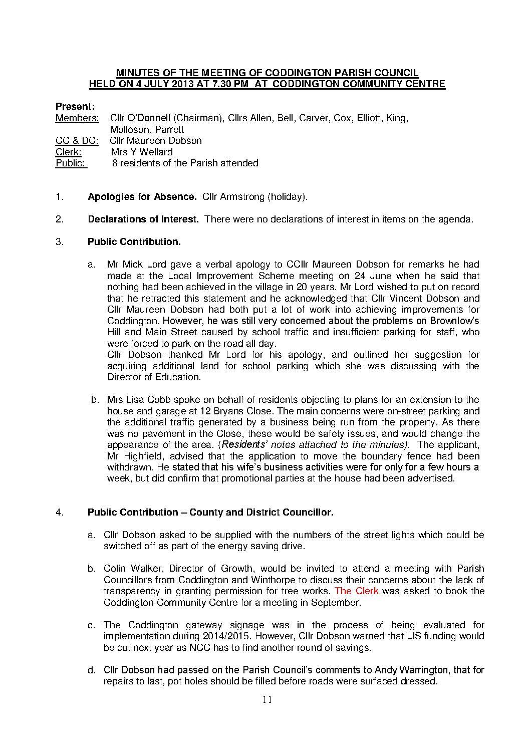 Parish Council Meeting 4 July 2013 Minutes