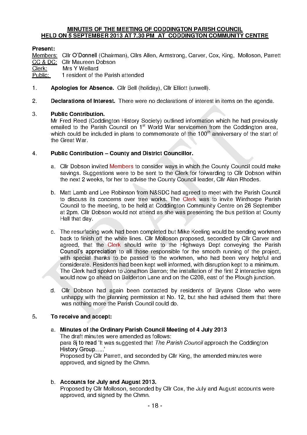 Parish Council Meeting 5 September 2013 Minutes
