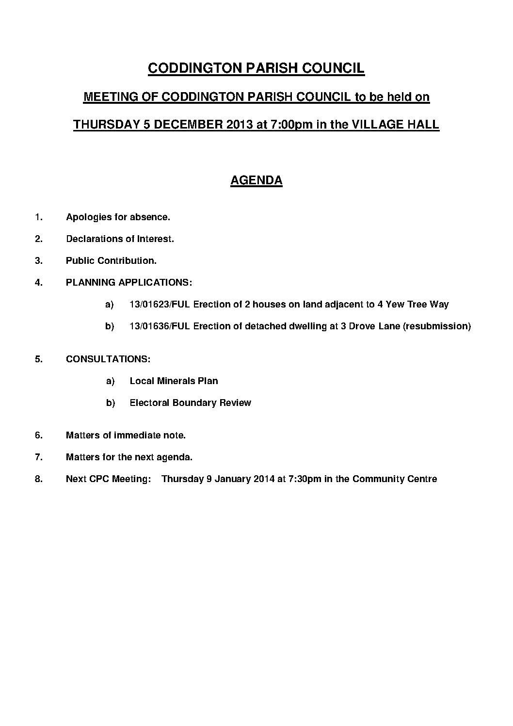 Parish Council Meeting 5 December 2013 Agenda