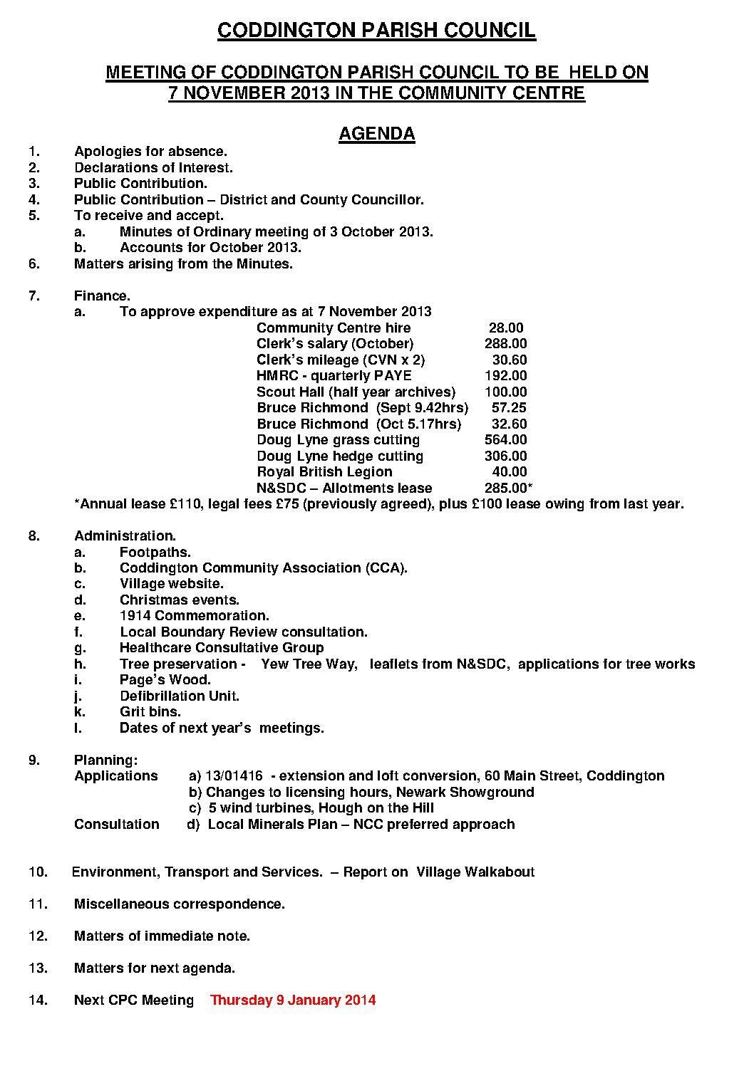 Parish Council Meeting 7 November 2013 Agenda