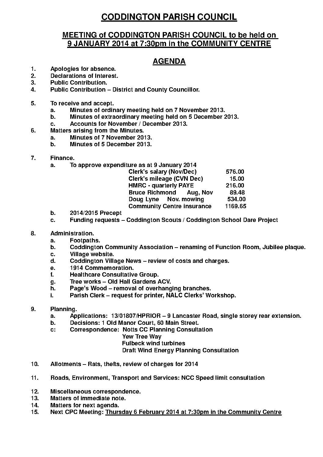 Parish Council Meeting 9 January 2014 Agenda