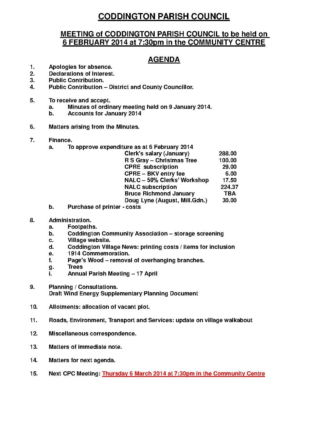 Parish Council Meeting 6 February 2014 Agenda