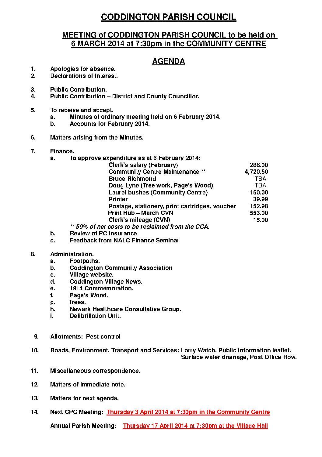 Parish Council Meeting 6 March 2014 Agenda