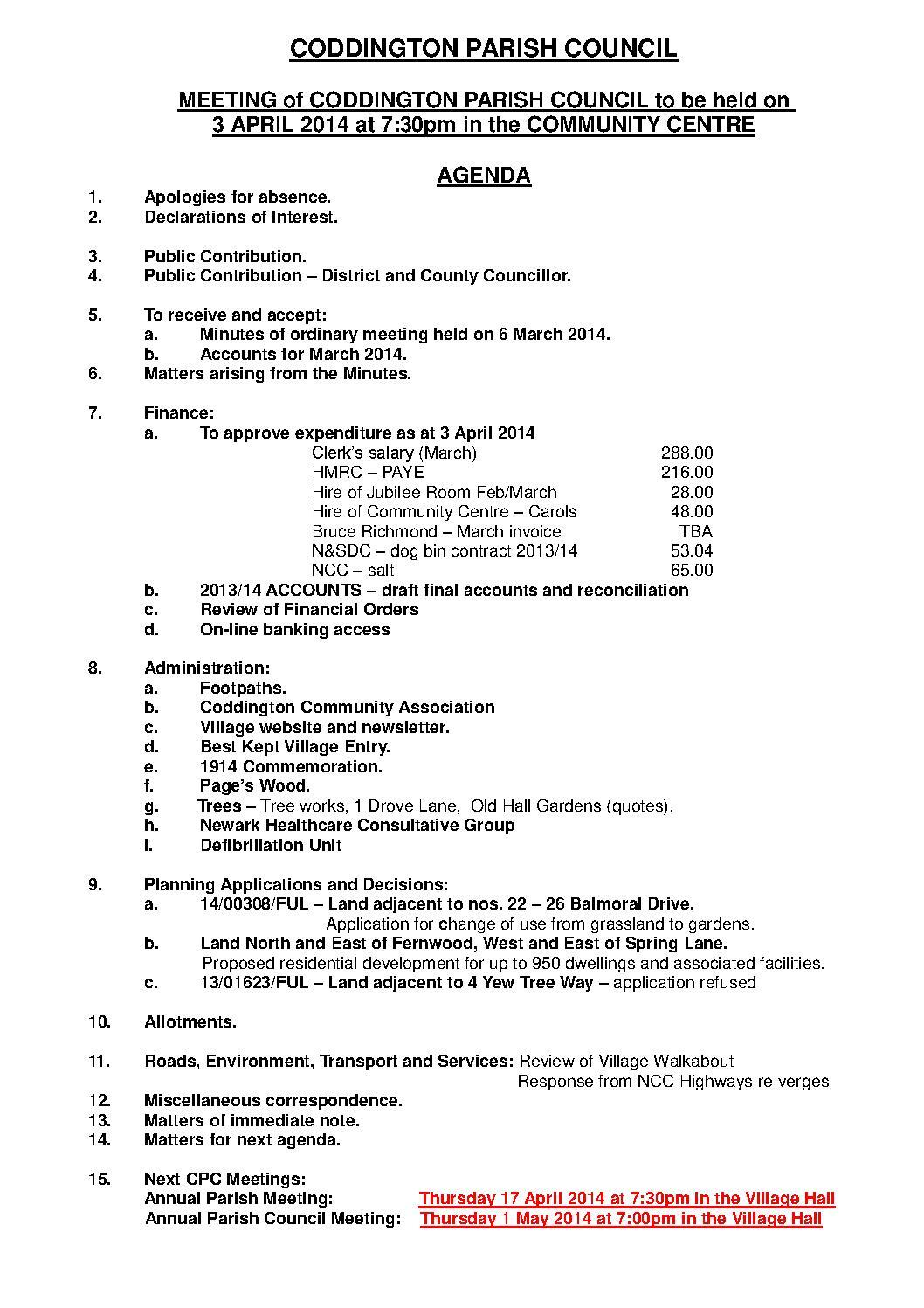 Parish Council Meeting 3 April 2014 Agenda