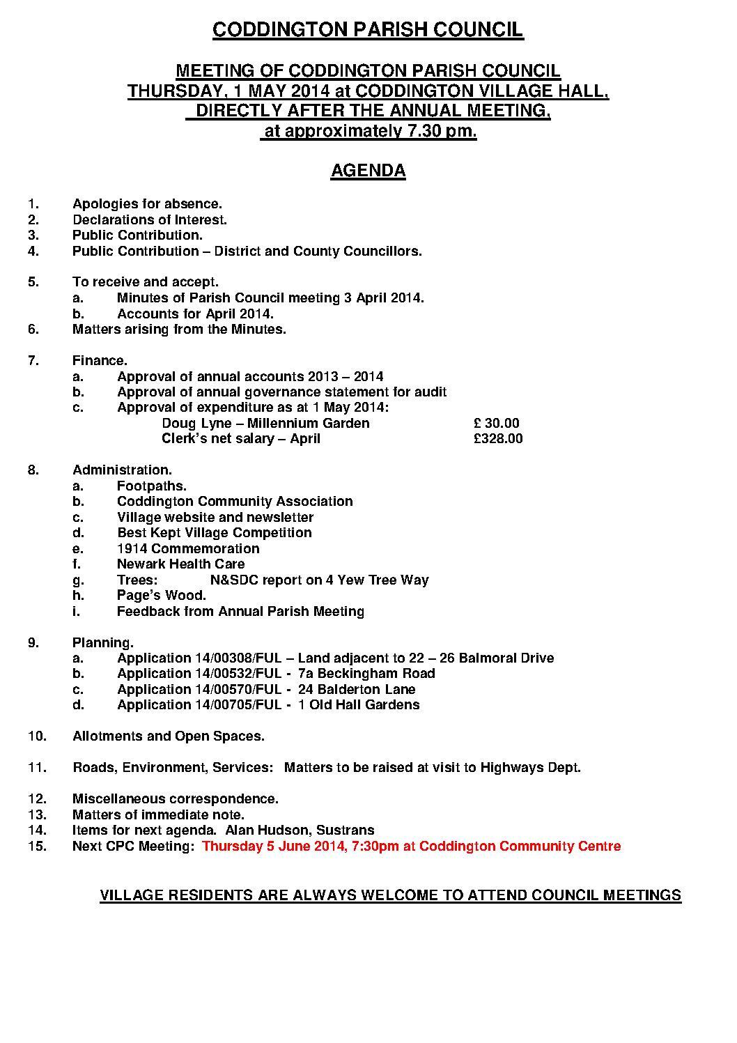 Parish Council Meeting Agenda 1 May 2014