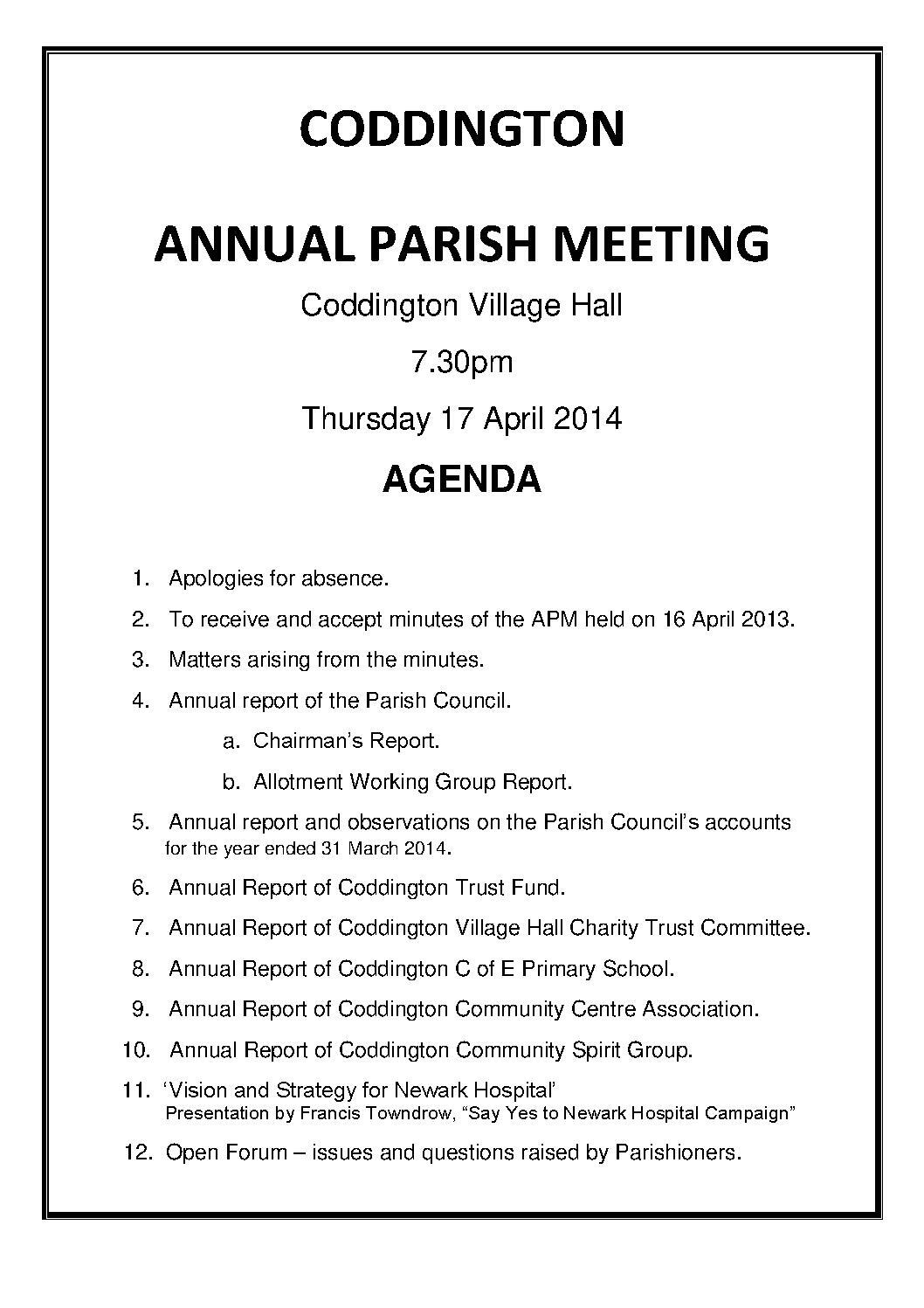 ANNUAL PARISH MEETING 17 APRIL 2014 AGENDA