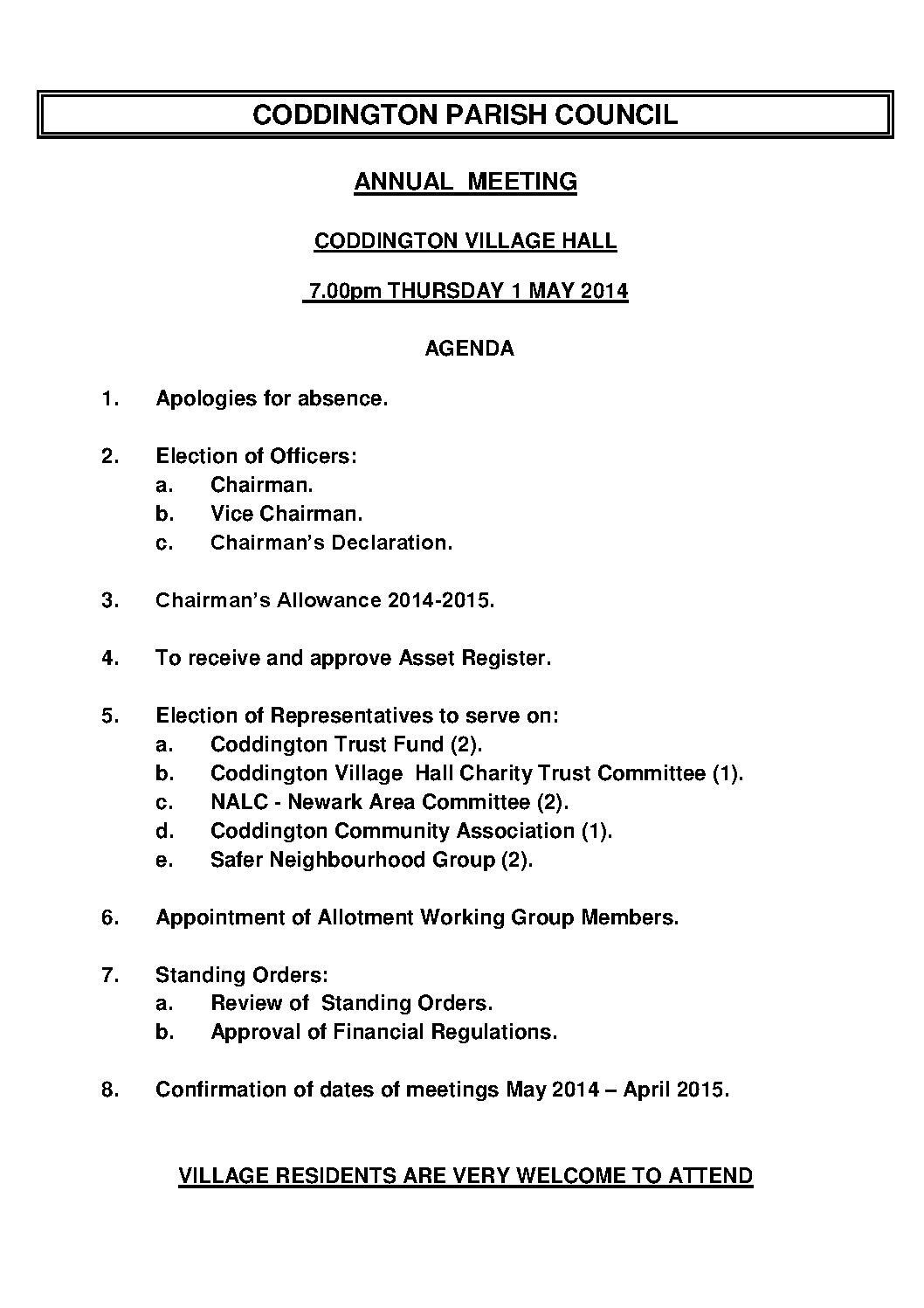 Annual Parish Council Meeting 1 May 2014 Agenda