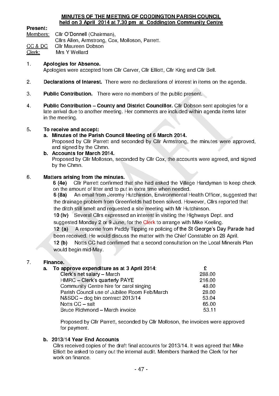 Parish Council Meeting 3 April 2014 Minutes