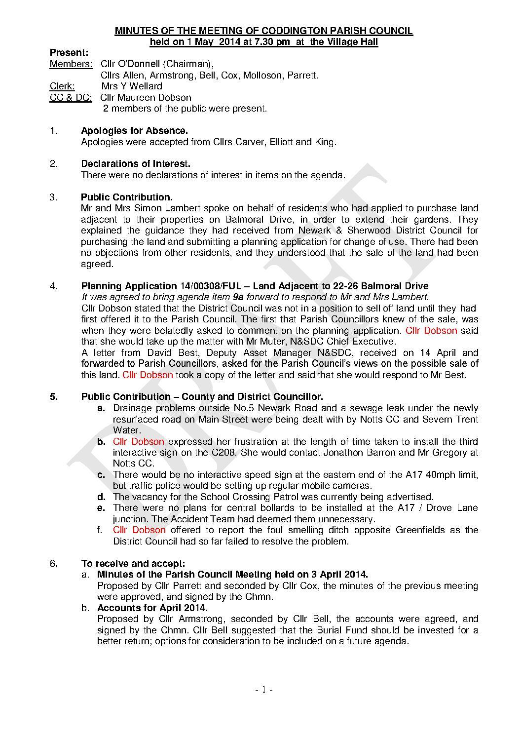 Parish Council Meeting 1 May 2014 Minutes