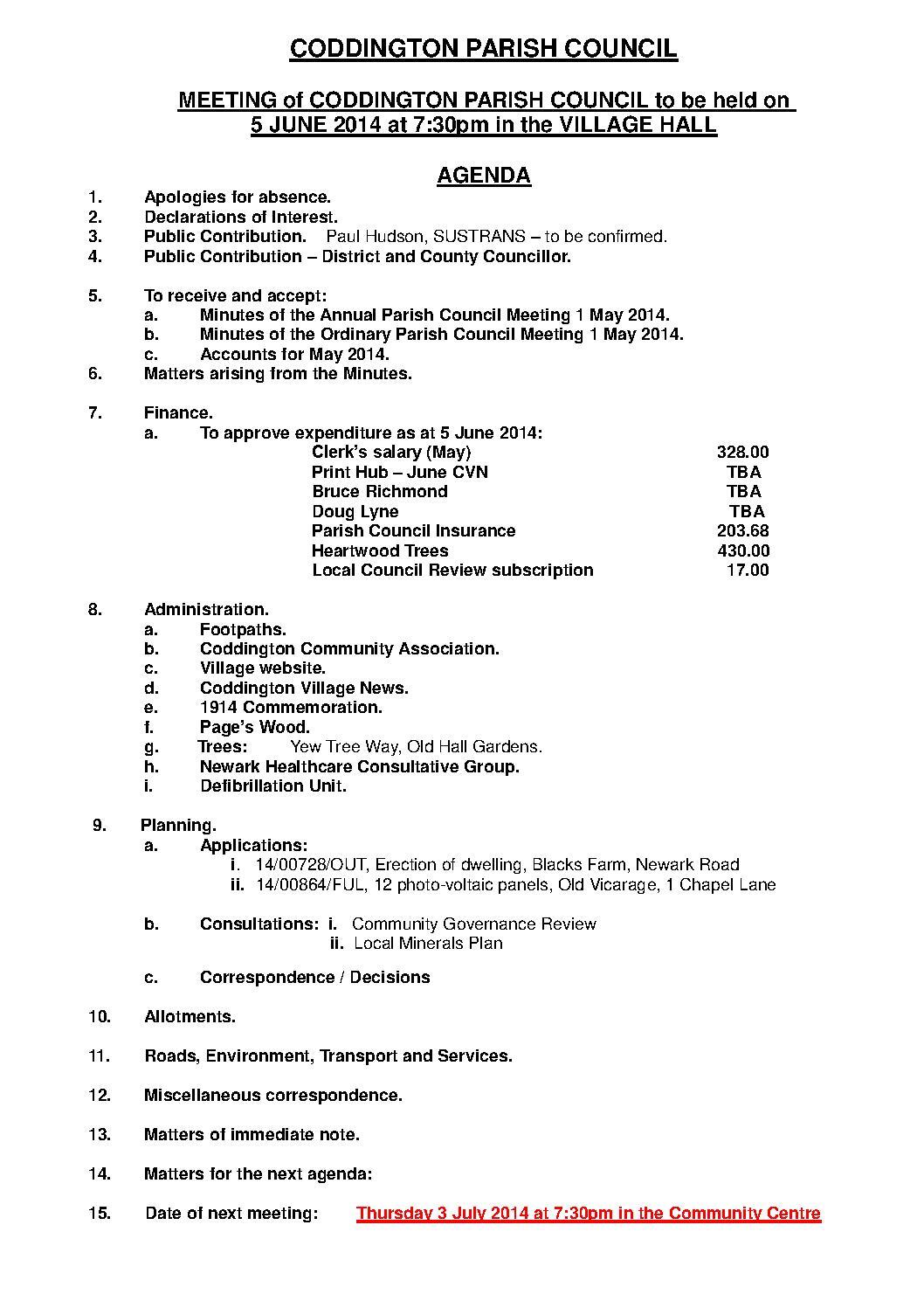 Parish Council Meeting 5 June 2014 Agenda