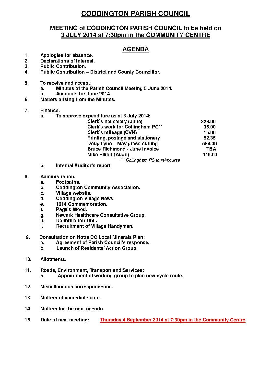 Parish Council Meeting 3 July 2014 Agenda