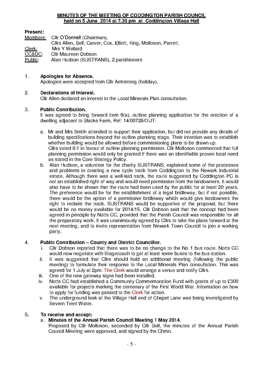 Parish Council Meeting 5 June 2014 Minutes