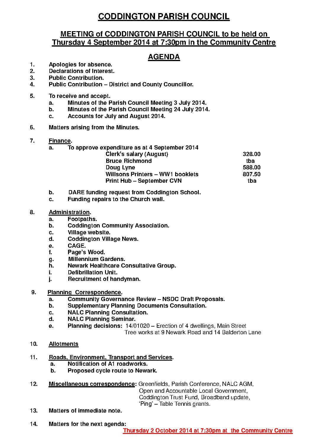 Pariah Council Meeting 4 September 2014 Agenda