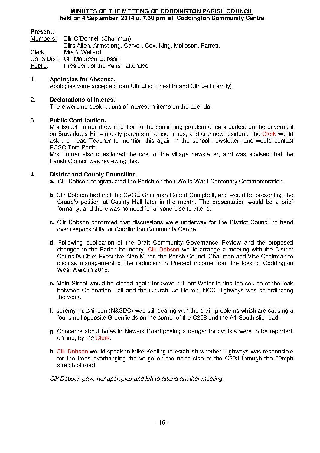 Parish Council Meeting 4 September 2014 Minutes