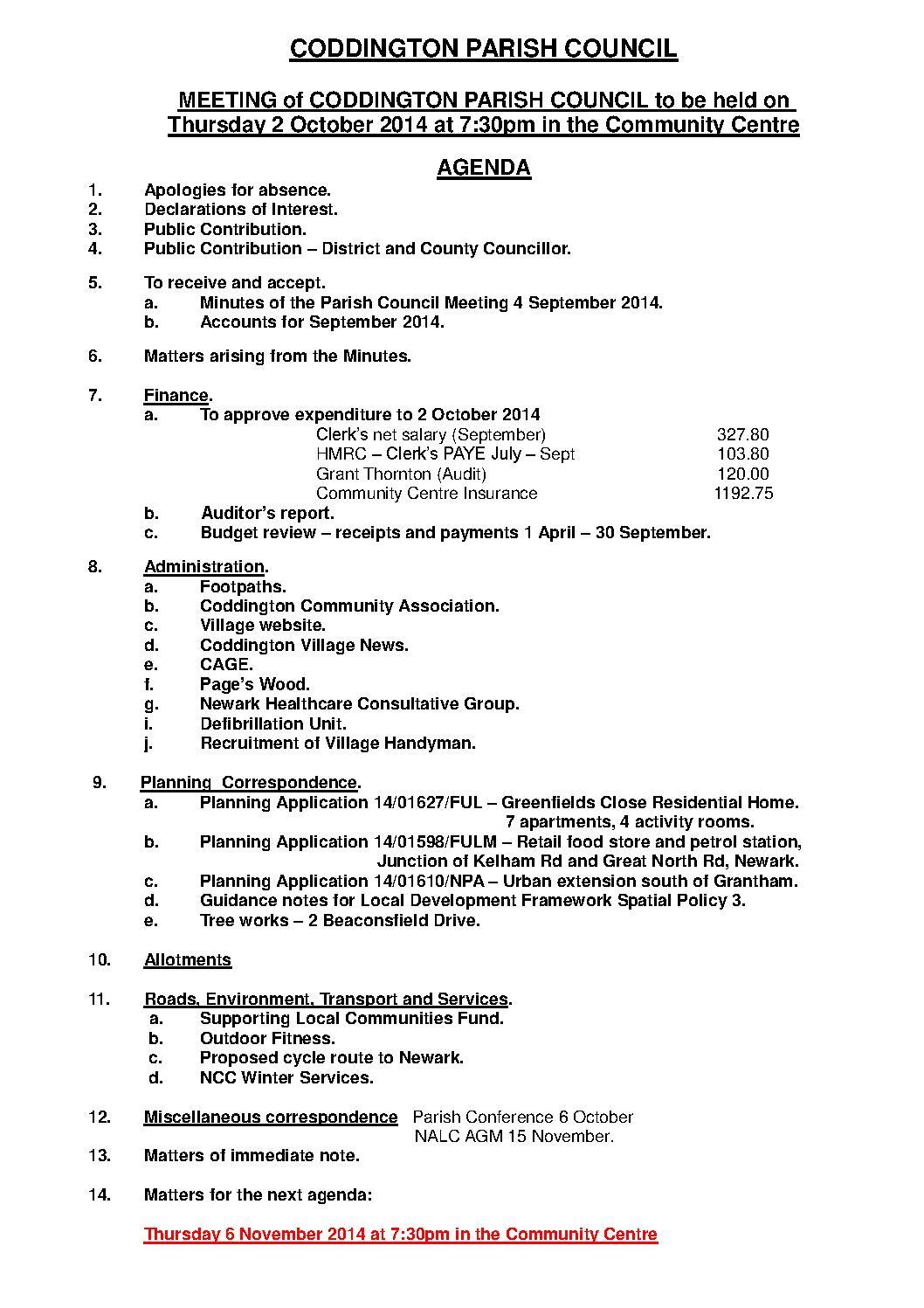 Parish Council Meeting 2 October 2014 Agenda