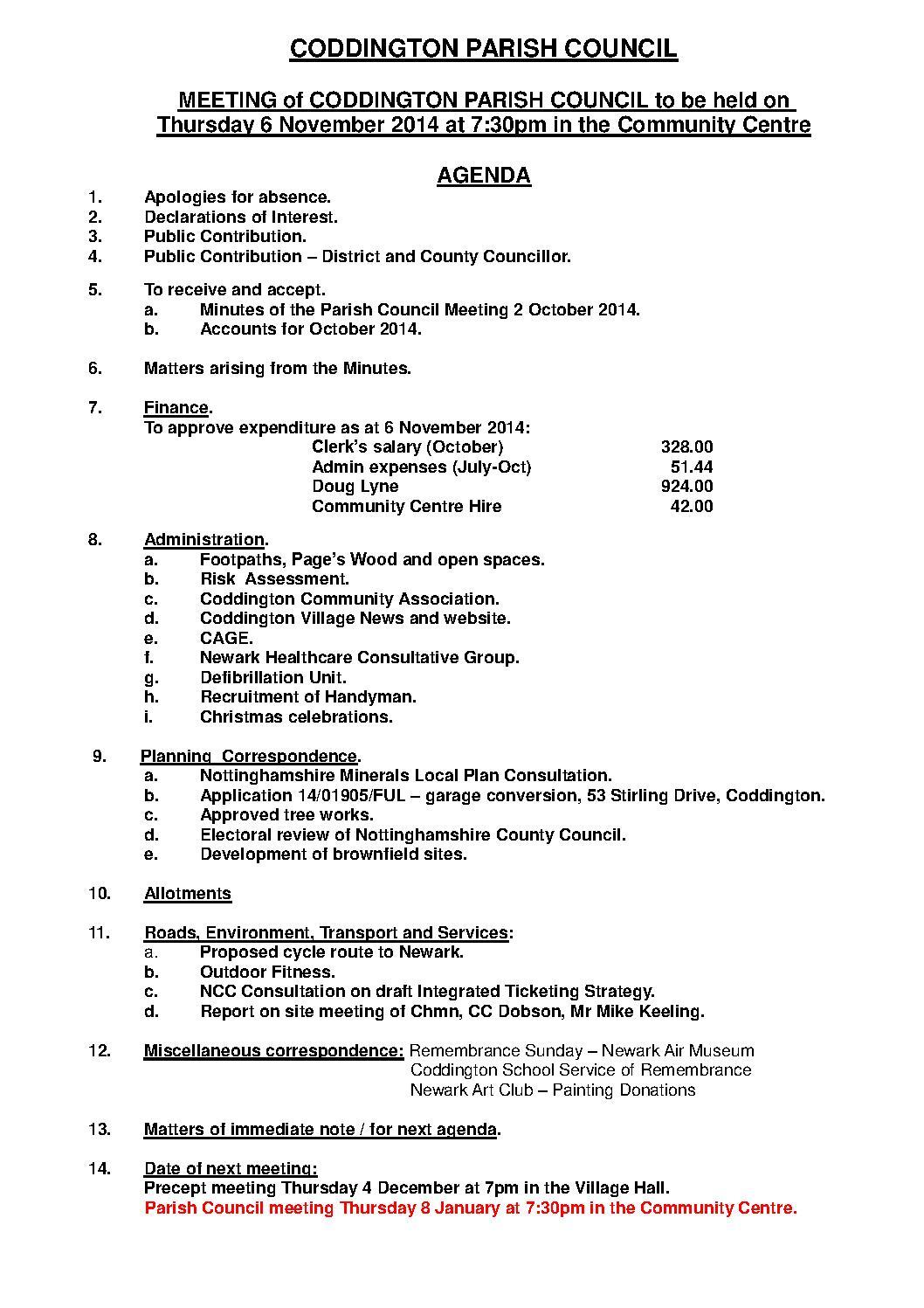 Parish Council Meeting 6 November 2014 Agenda