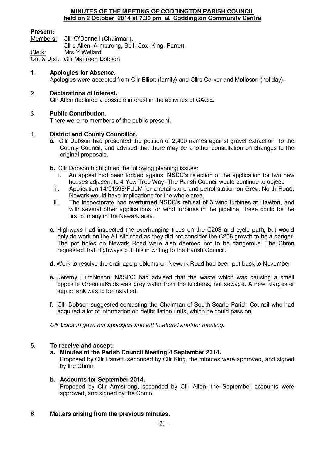 Parish Council Meeting 2 October 2014 Minutes