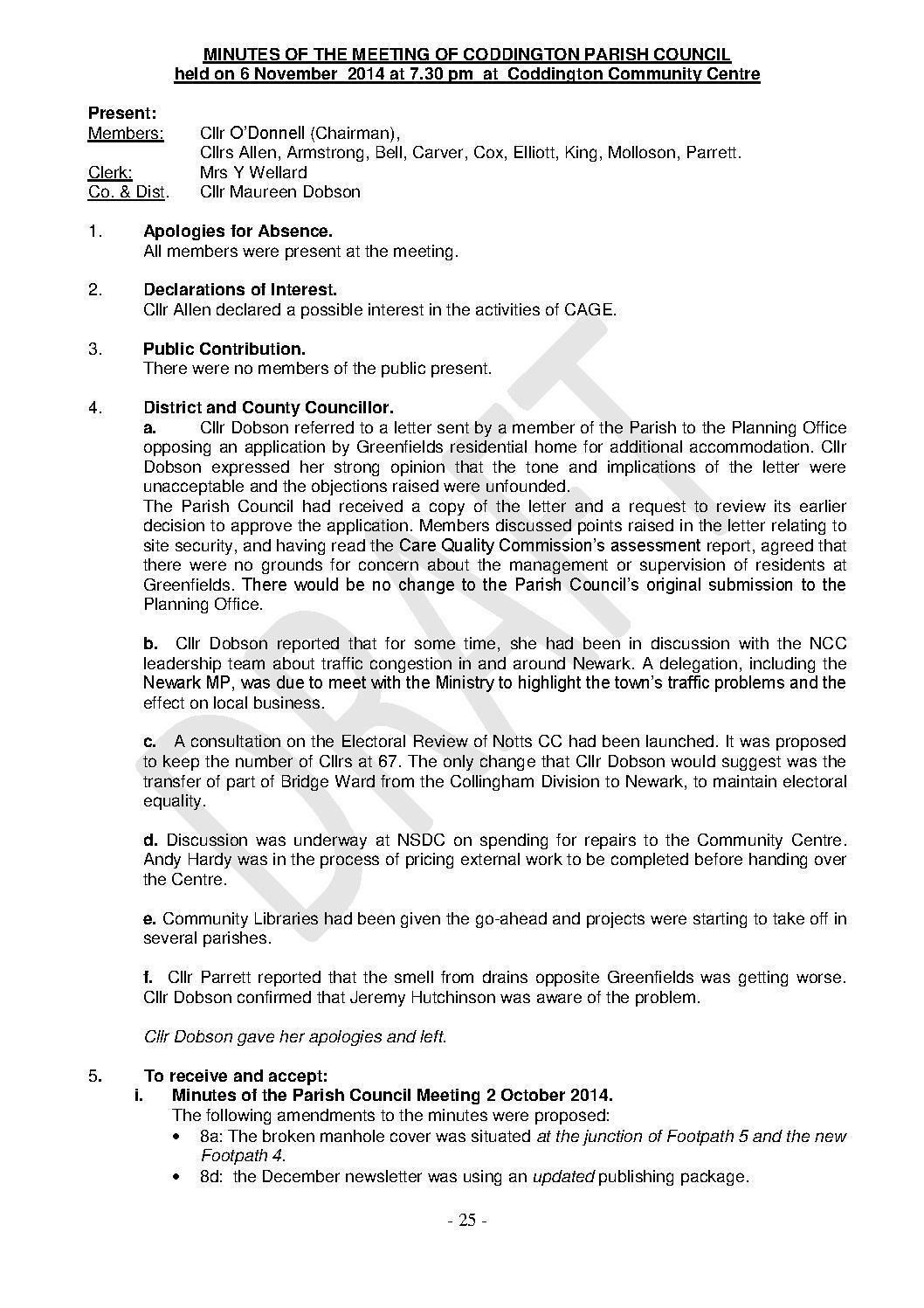 Parish Council Meeting 6 November 2014 Minutes
