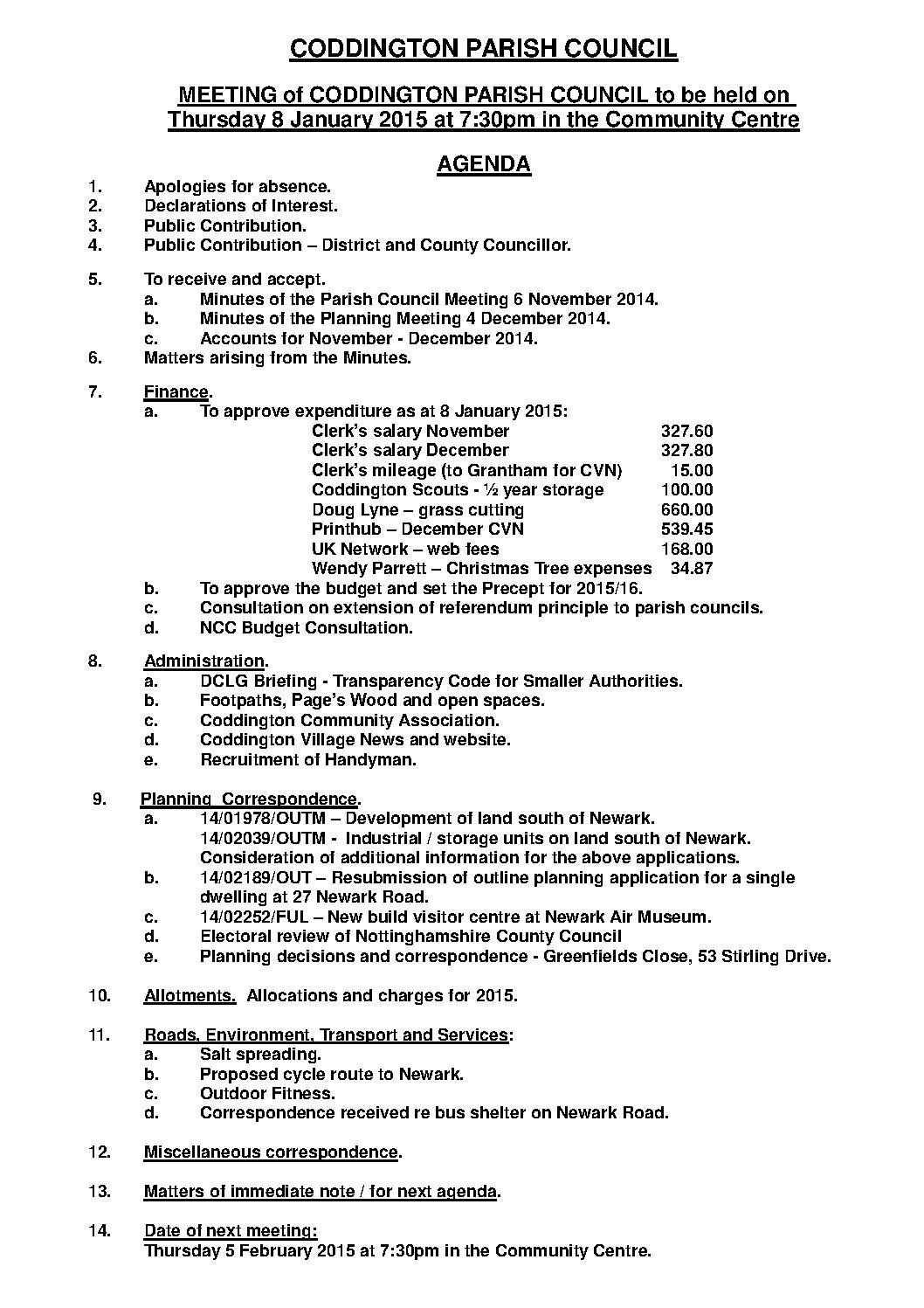 Parish Council Meeting 8 January 2015 Agenda