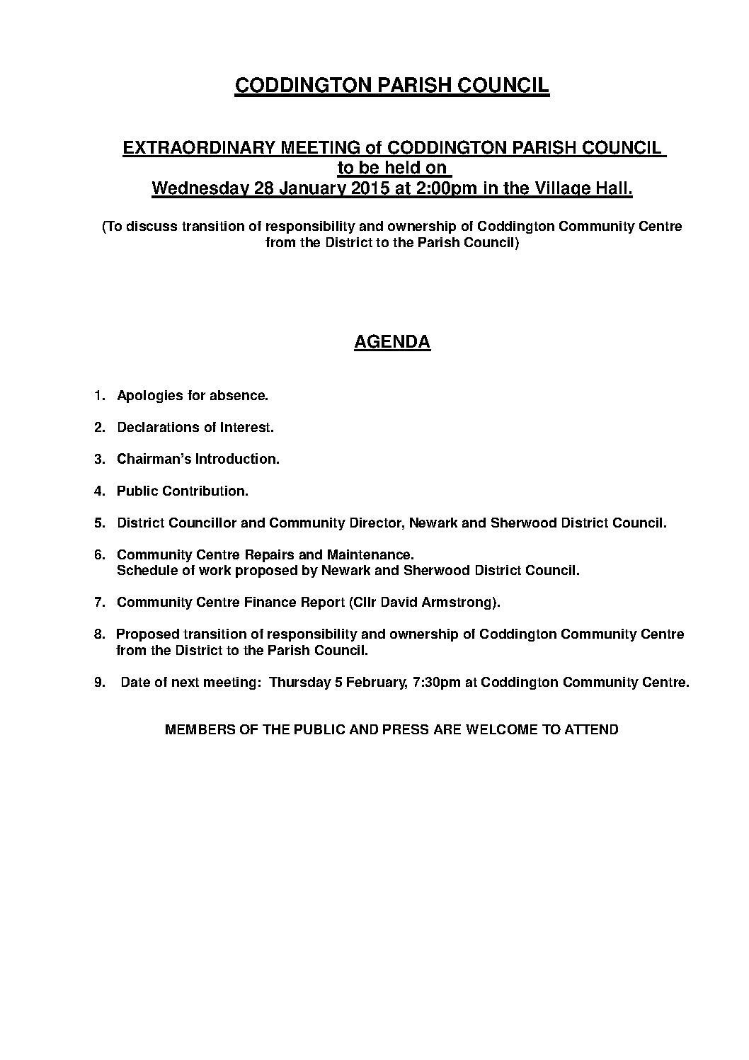 Extraordinary Parish Council Meeting 28 January 2015 Agenda