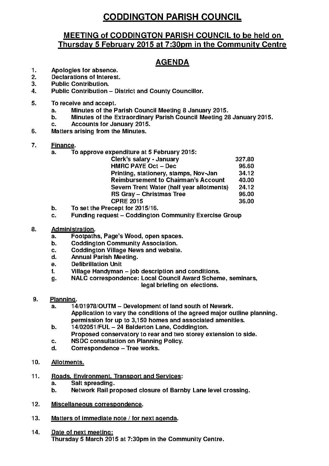 Parish Council Meeting 5 February 2015 Agenda