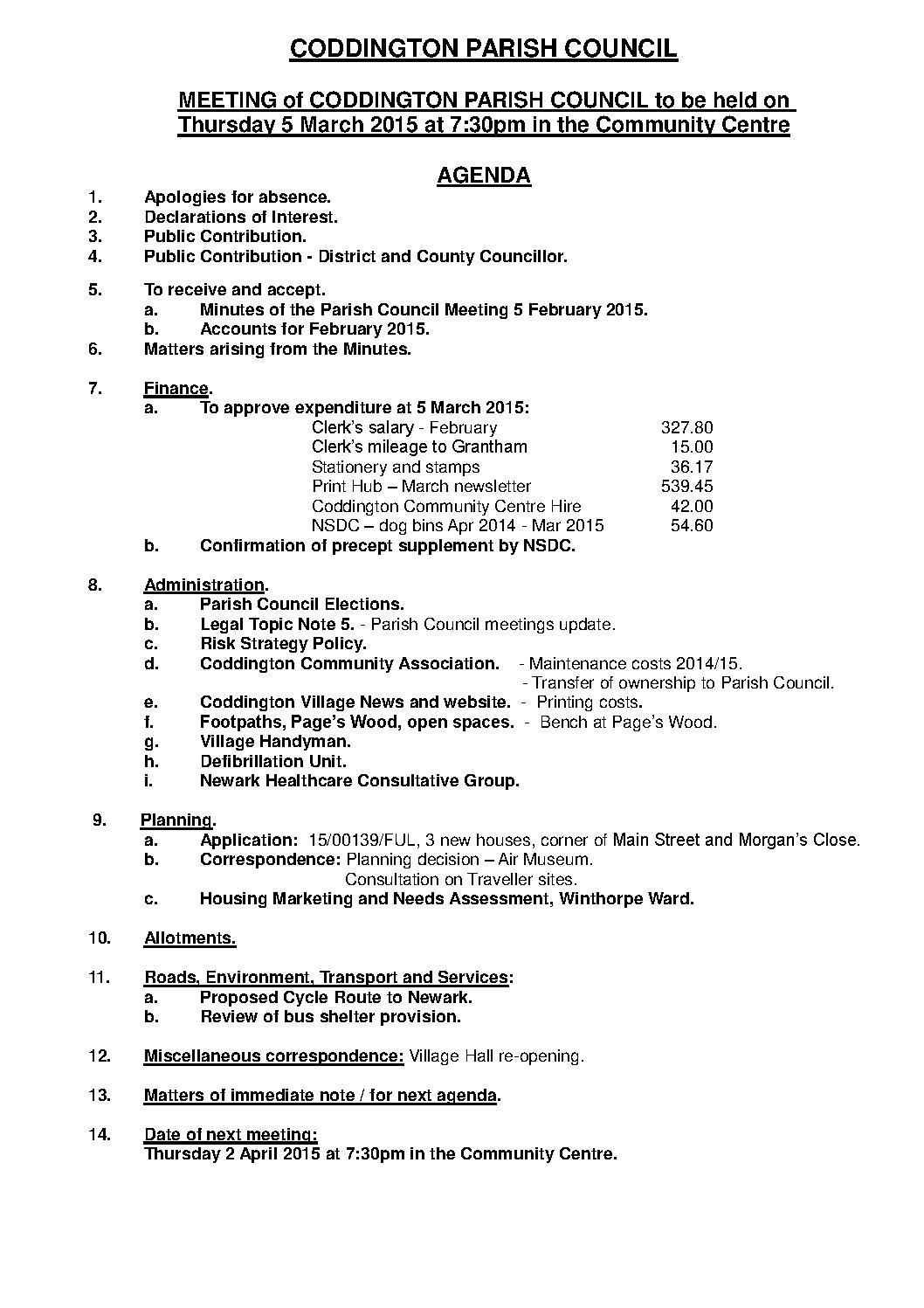 Parish Council Meeting 5 March 2015 Agenda