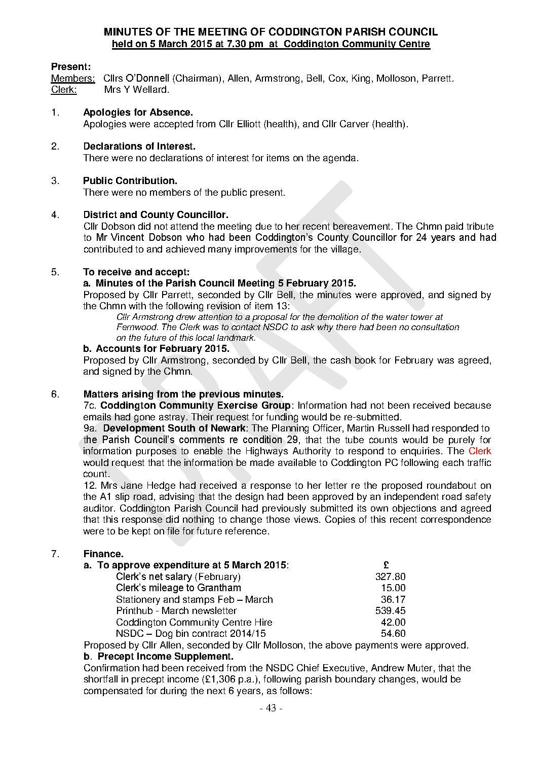 Parish Council Meeting 5 March 2015 Minutes