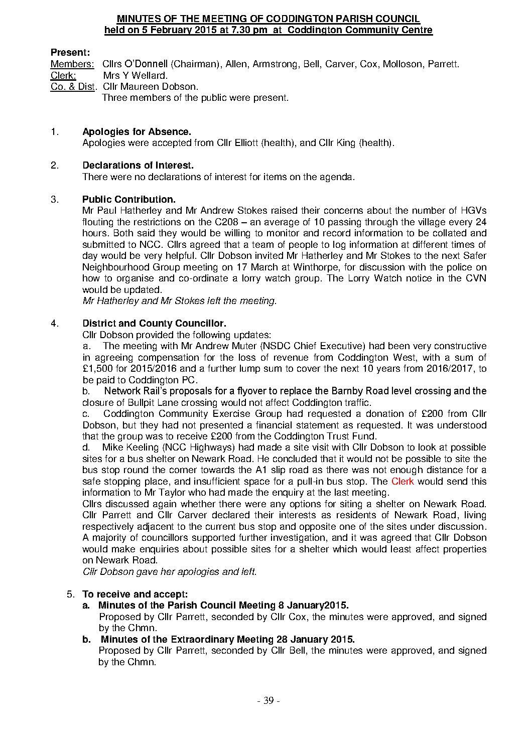 Parish Council Meeting 5 February 2015 Minutes