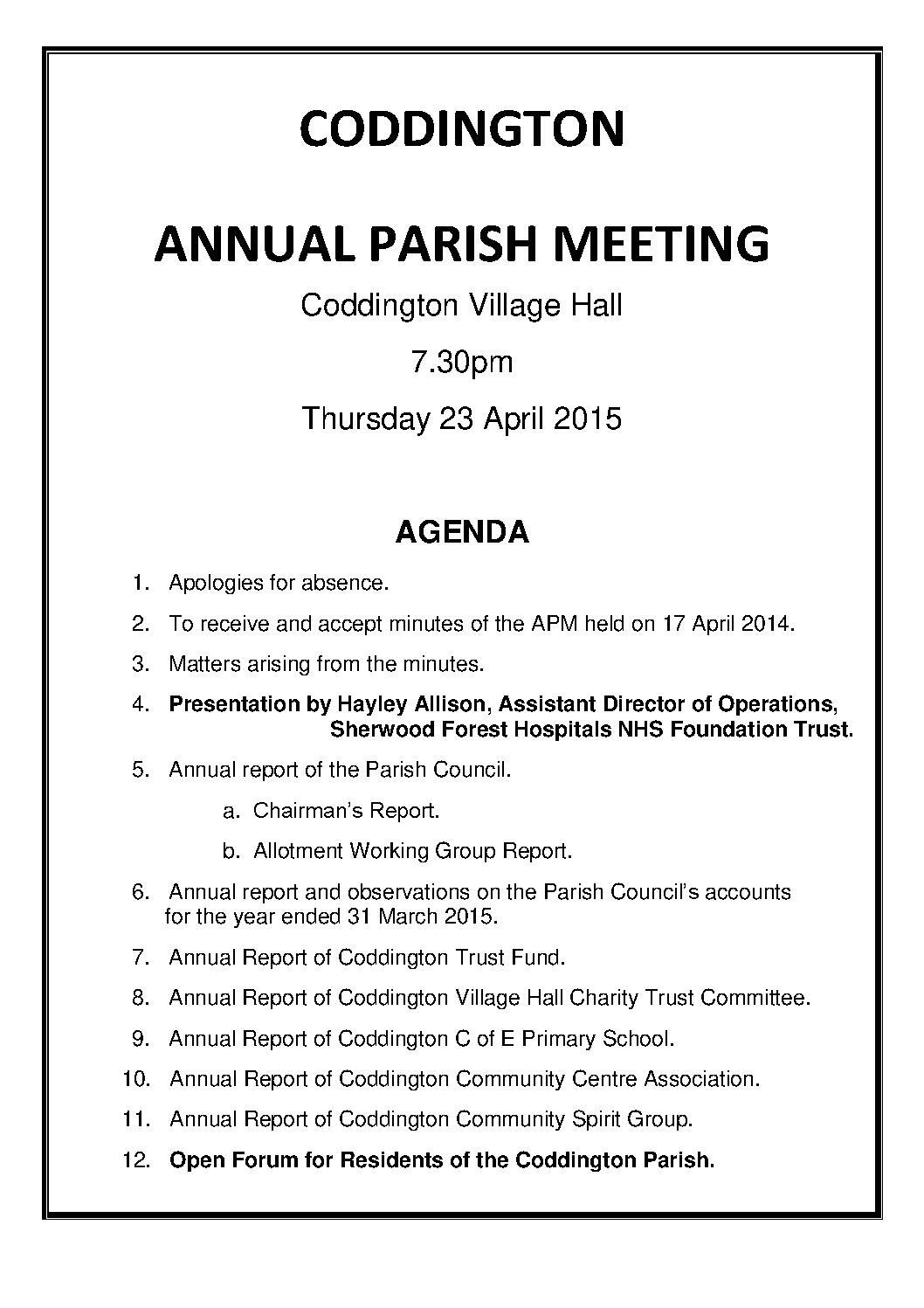 ANNUAL PARISH MEETING 23 APRIL 2015 AGENDA