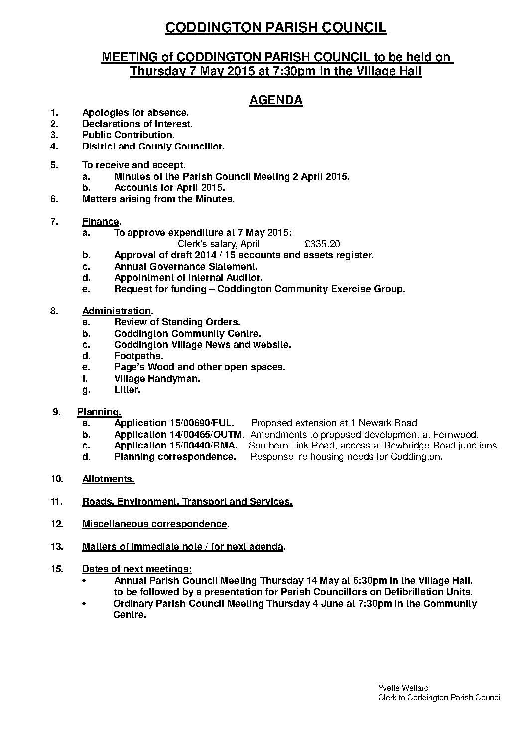 Parish Council Meeting 7 May 2015 Agenda