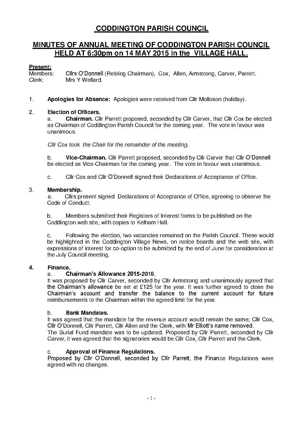 Annual Parish Council Meeting 14 May 2015 Minutes
