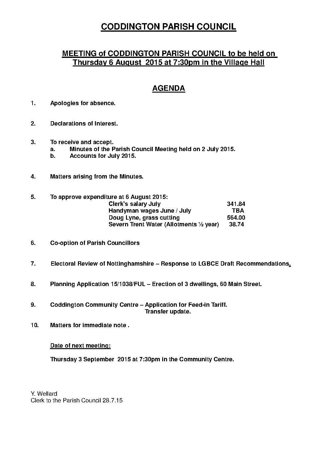 Parish Council Meeting 6 August 2015 Agenda