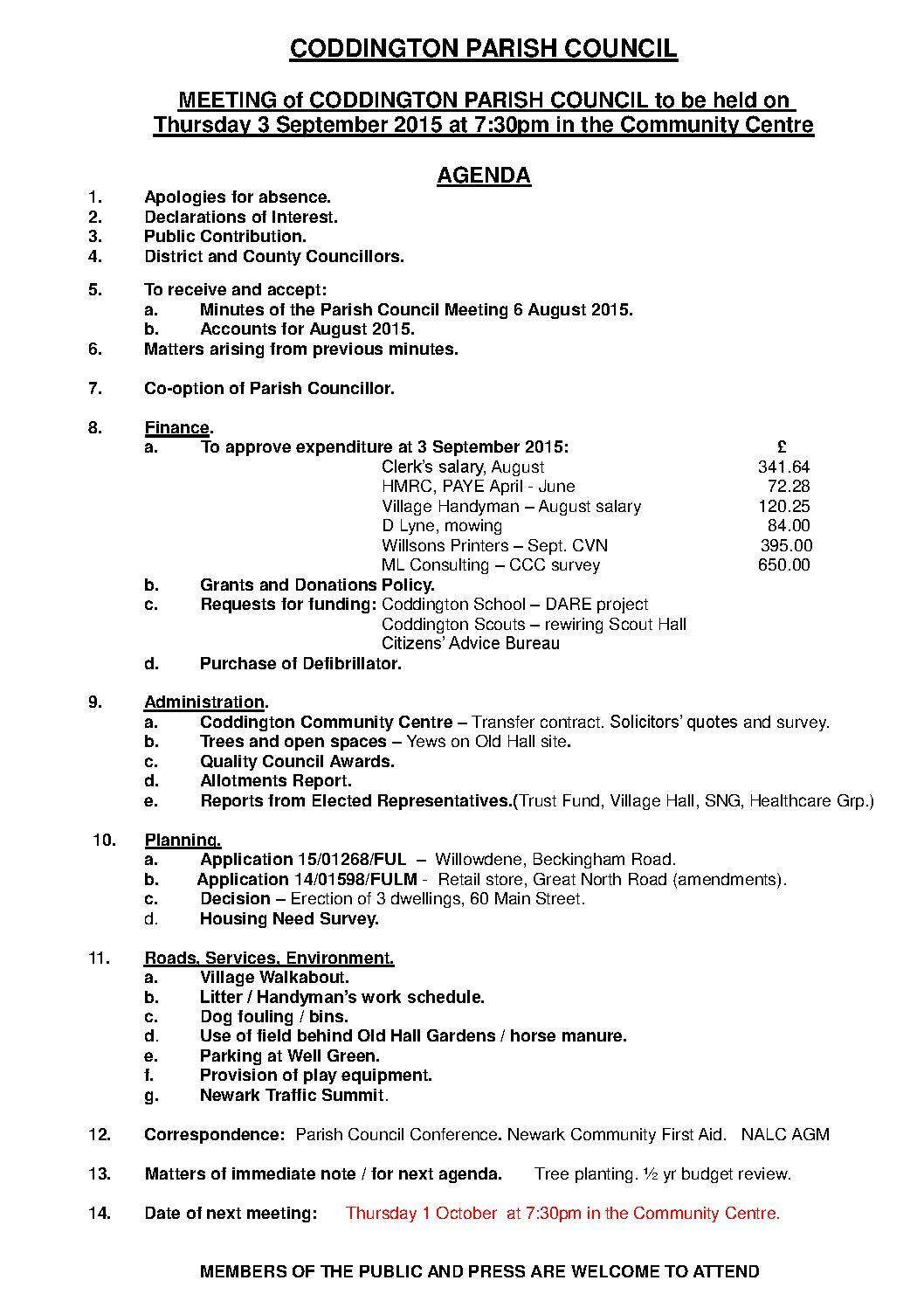 Parish Council Meeting 3 September 2015 Agenda