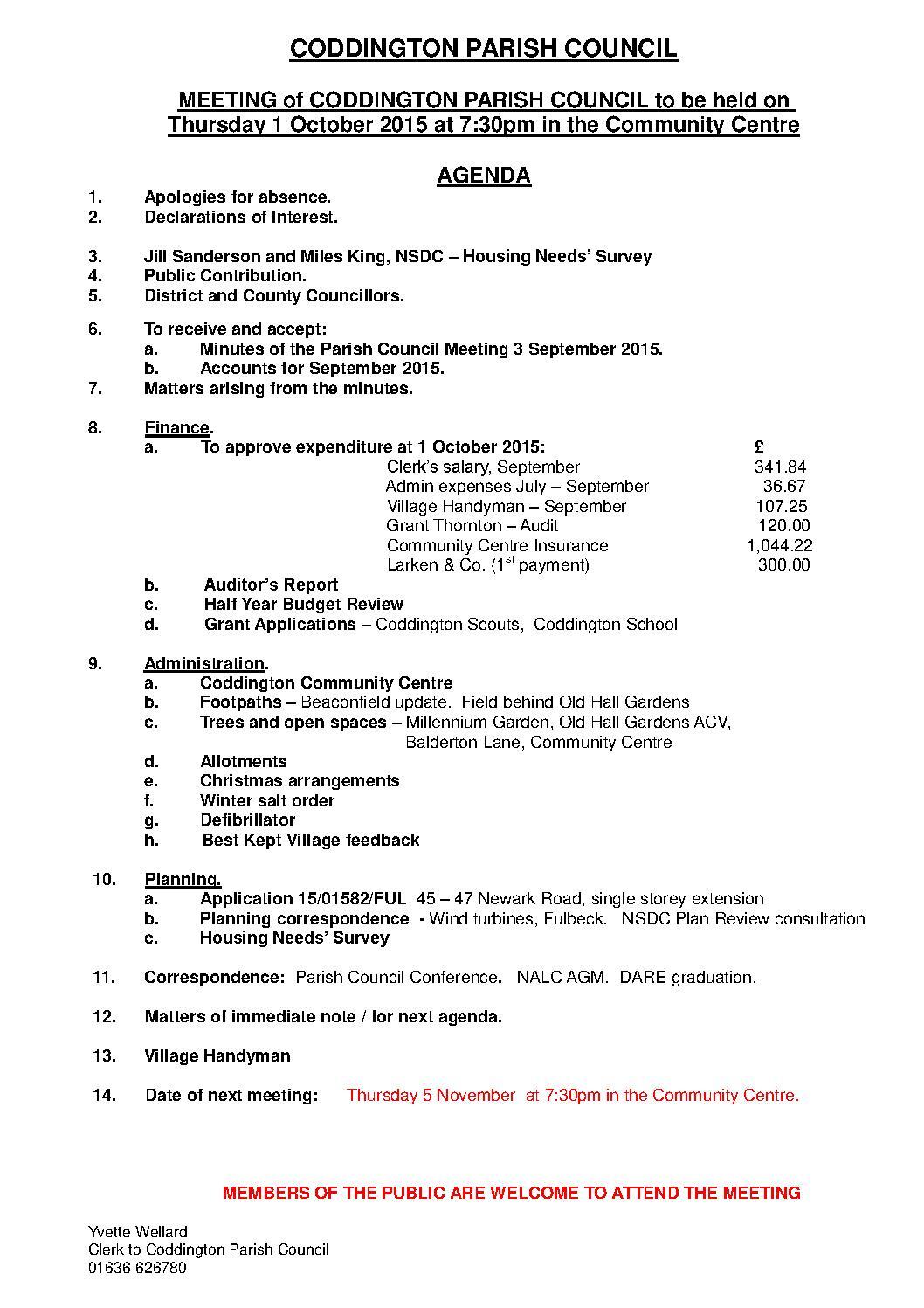 Parish Council Meeting 1 October 2015 Agenda