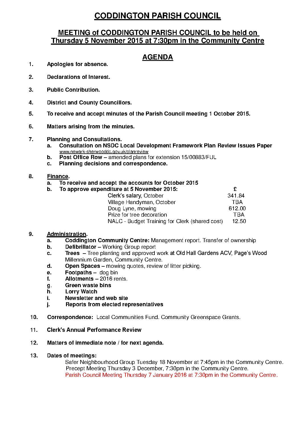 Parish Council Meeting 5 November 2015 Agenda