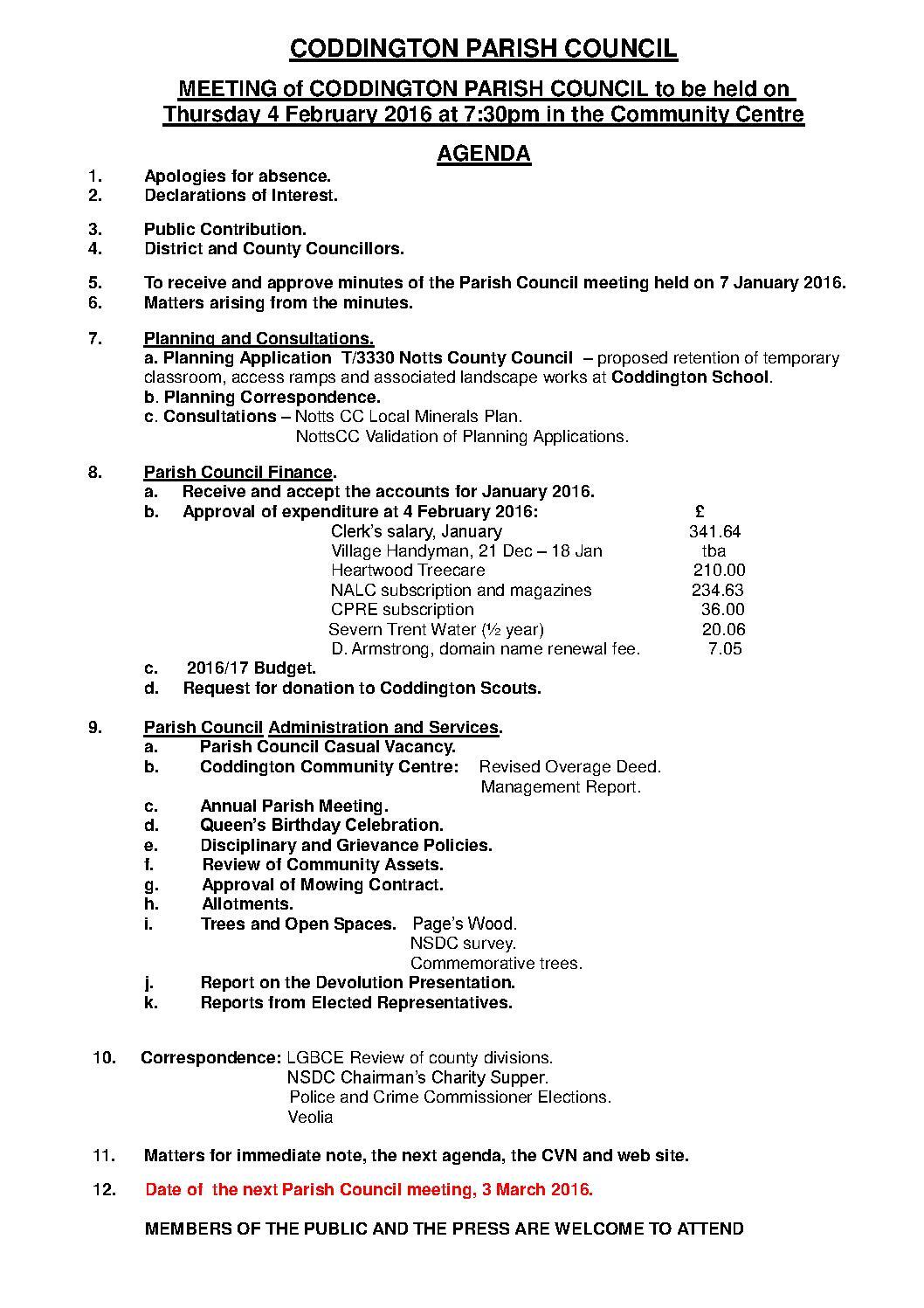 Parish Council Meeting 4 February 2016 Agenda