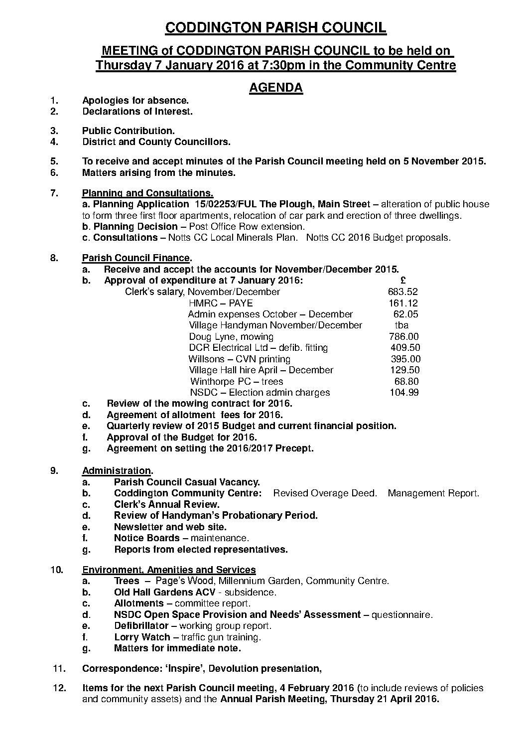 Parish Council Meeting 7 January 2016 Agenda