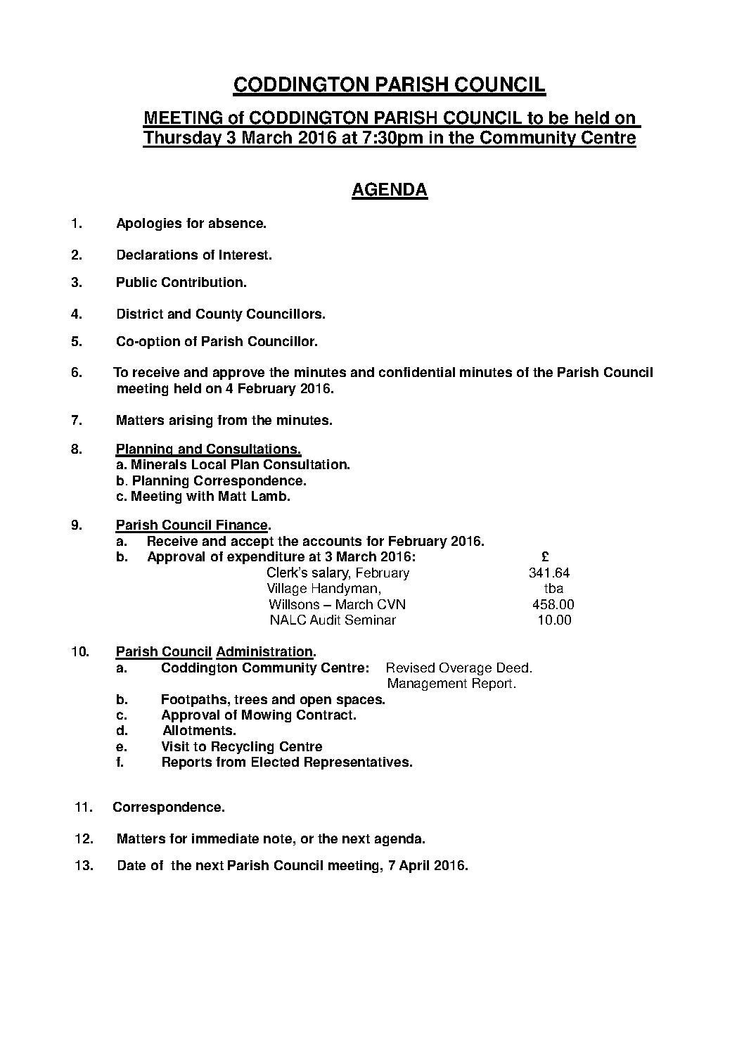 Parish Council Meeting 3 March 2016 Agenda