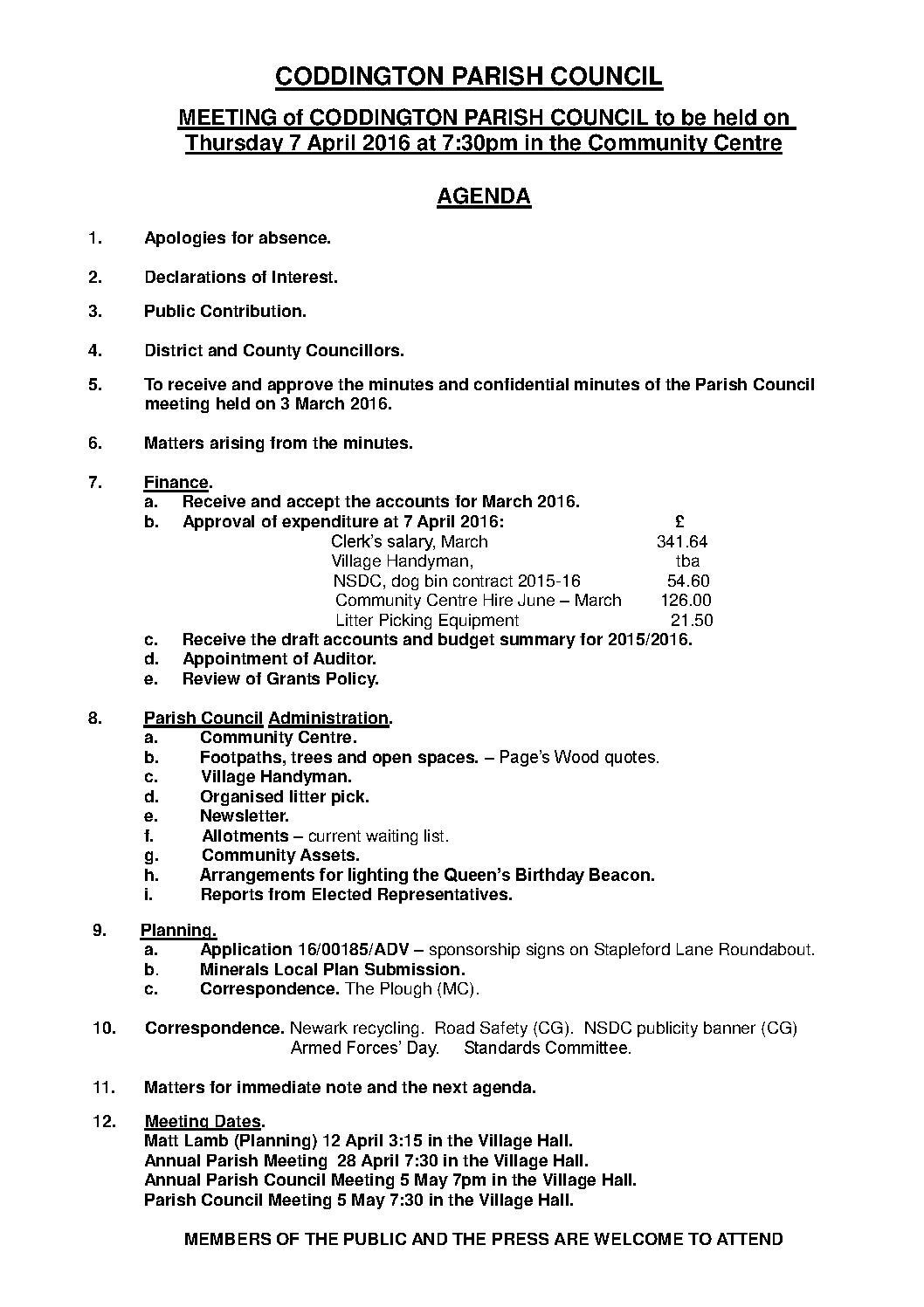 Parish Council Meeting 7 April 2016 Agenda