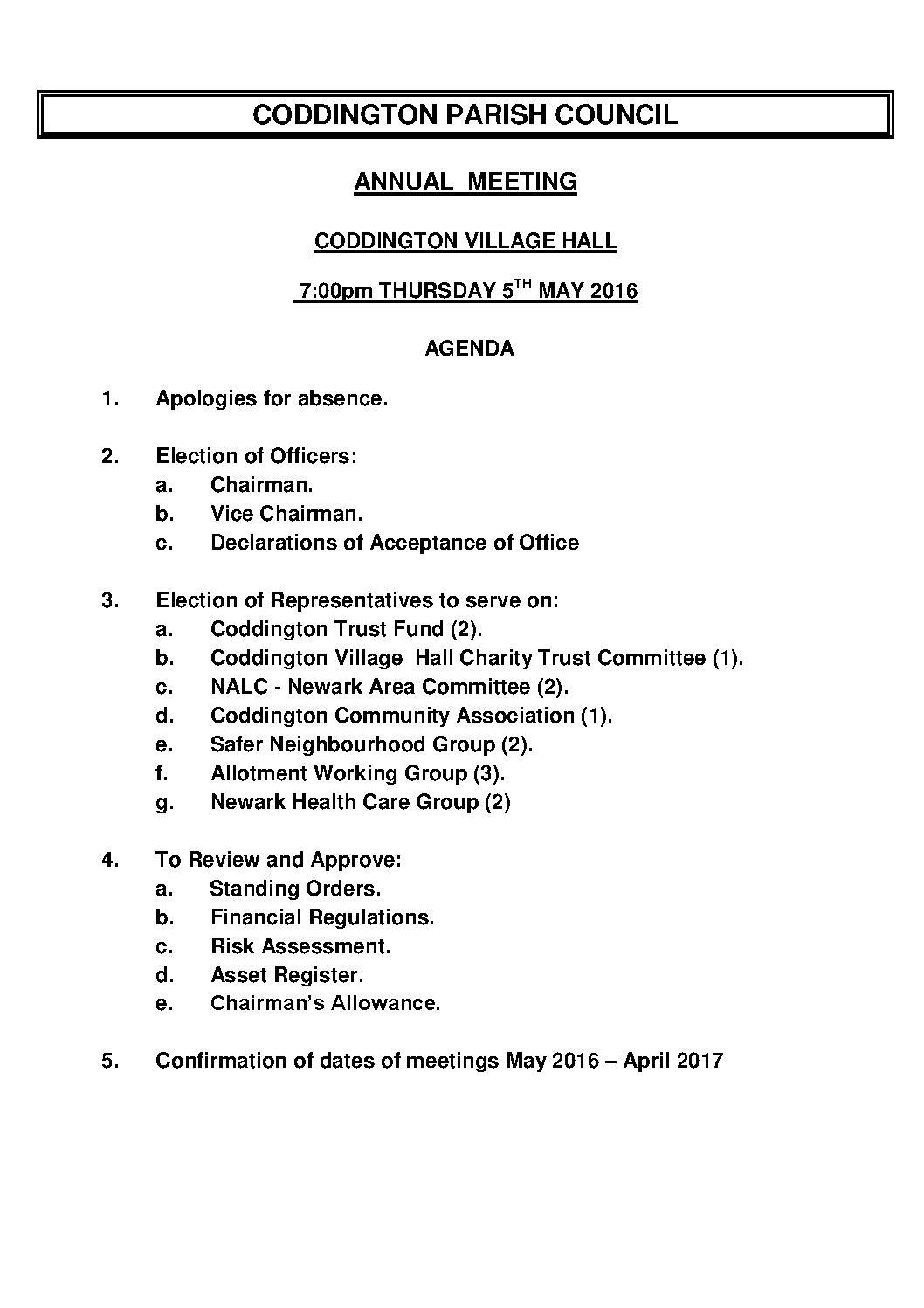 Annual Parish Council Meeting 5 May 2016 Agenda