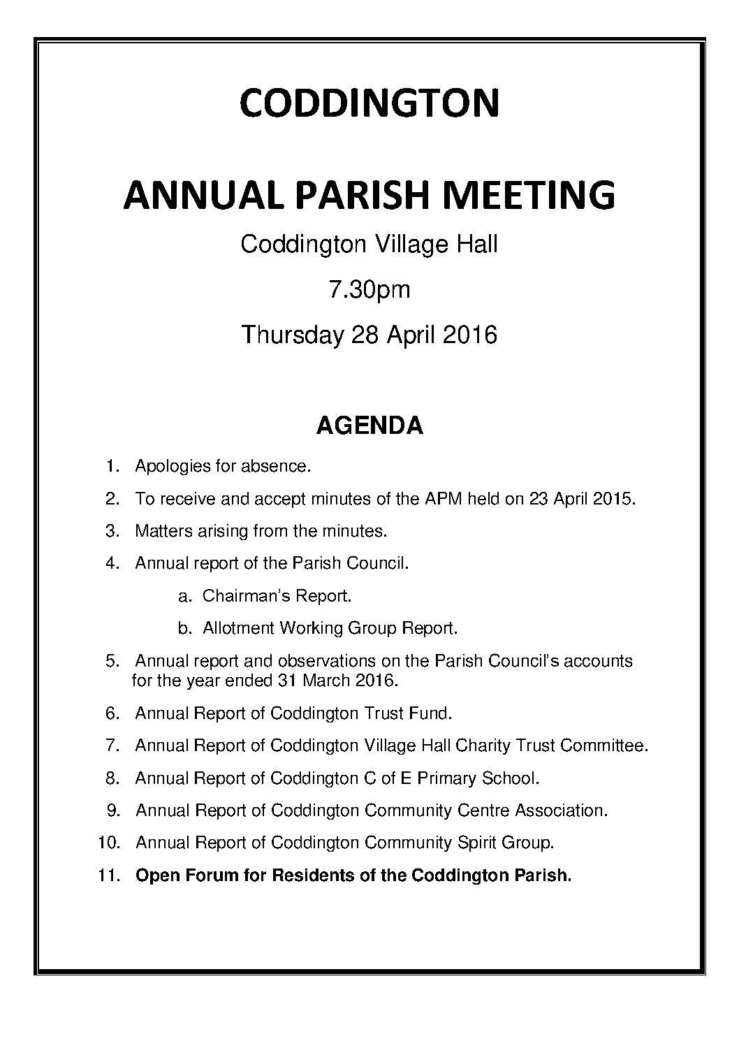 ANNUAL PARISH MEETING 28 APRIL 2016 AGENDA