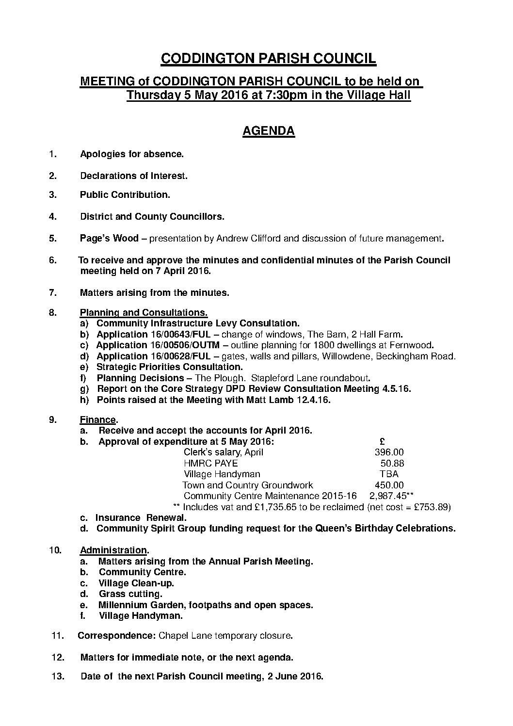 Parish Council Meeting 5 May 2016 Agenda