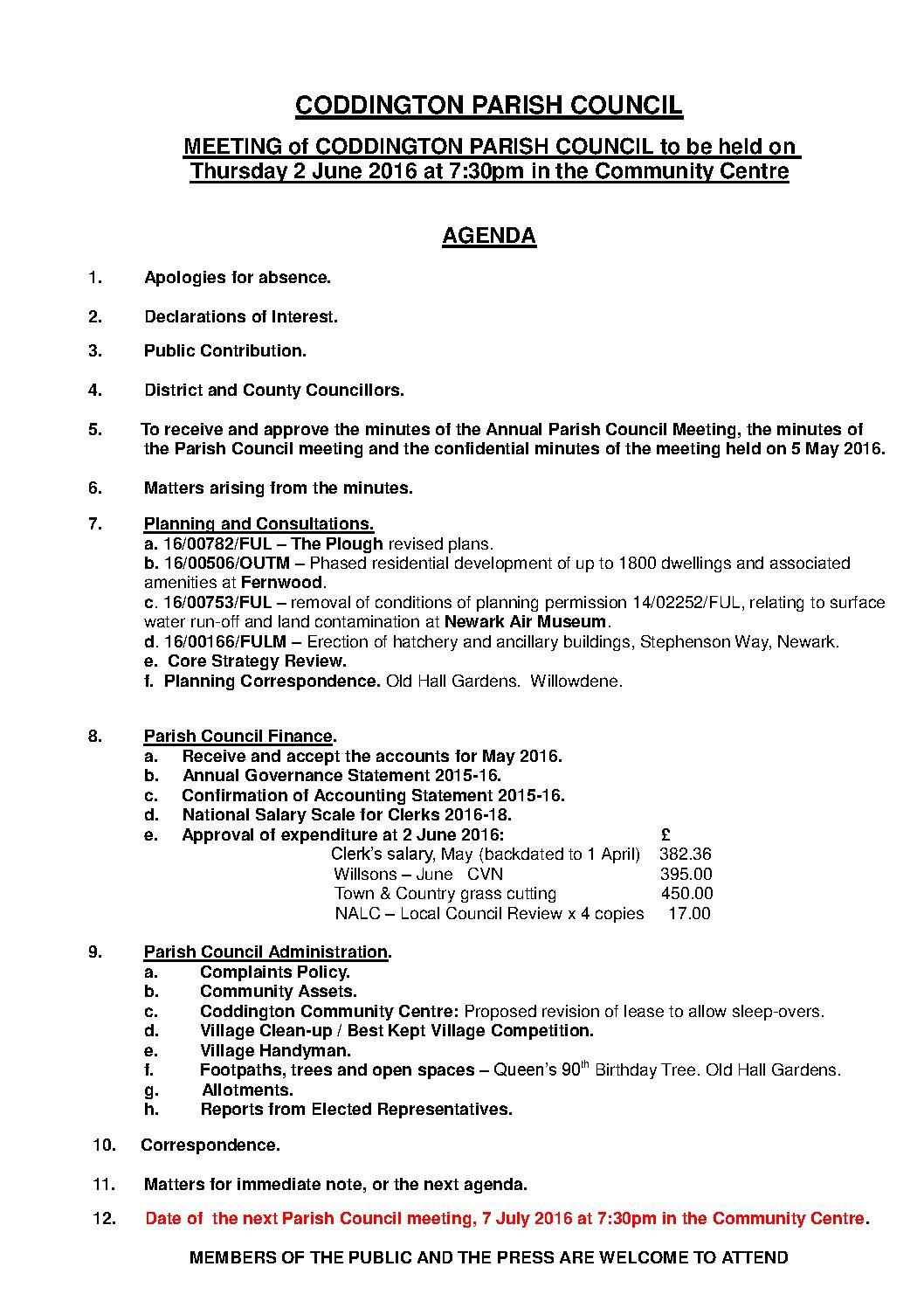 Parish Council Meeting 2 June 2016 Agenda